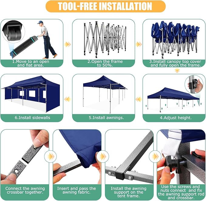 COBIZI 10x30 Pop Up Canopy Tent with Awning,Heavy Duty Canopy UPF 50+ All Season Wind Waterproof Commercial Outdoor Street Vendors Party Tents for Parties Canopy with Roller Bag(10 x 30 ft Dark Blue)