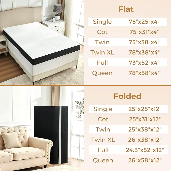 4 Inch Trifold Mattress, Single Size Foldable Memory Foam Mattress with Viscose Derived from Bamboo Washable Cover, Portable Folding Mattress Topper for Camping, Guest, RV, Ventilated