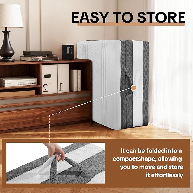 HOMBYS 6 Inch Folding Mattress Twin Size, Portable Tri-Fold Memory Foam Mattress with Removable Washable Cover for Guest Room, Camping & Travel - CertiPUR-US Certified