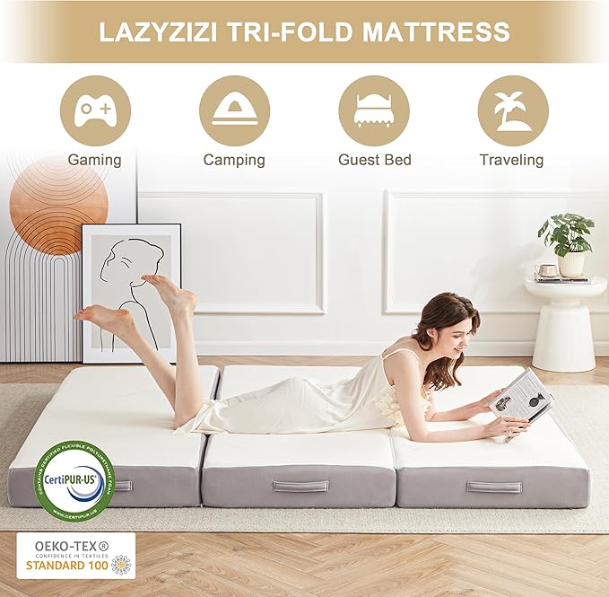 Folding Mattress, 6 Inch Memory Foam Tri-fold Mattress with Breathable & Washable Bamboo Fiber Fabric Cover, Foldable Floor Guest Bed for Camping, Road Trip, Full