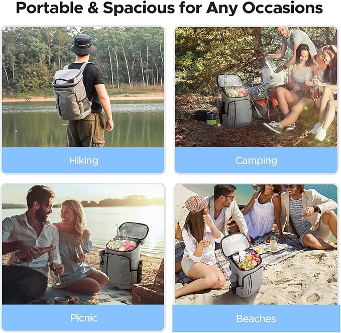 WARMOUNTS Insulated Waterproof Cooler Backpack 36 Cans, Soft Sided Ice Chest Cooler w/Leak Proof Liner, 5-Layer Insulation Portable Lunch Backpack for Camping, Beach, Fishing, Picnic, Travel (Gray)