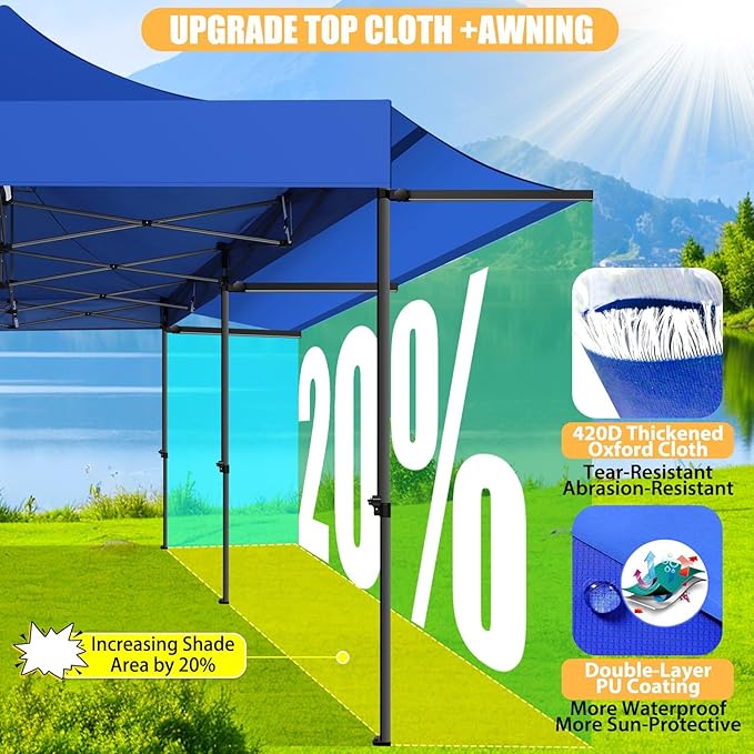 COBIZI 10x20 Pop Up Canopy Tent with Awning,Heavy Duty Canopy UPF 50+ All Season Wind Waterproof Commercial Outdoor Street Vendors Party Tents for Parties Canopy with Roller Bag(10 x 20 ft Blue)