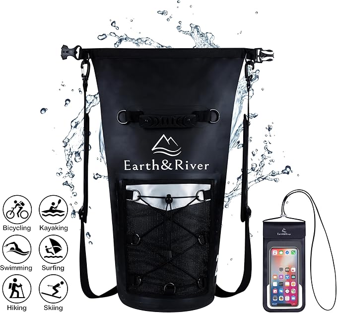 EARTH&RIVER Premium Dry Bag Backpack, Extra Thick, Protection for All Water Activities & Camping, Floating Lightweight Dry Bag with Inside Pocket Storage & IPX8 Waterproof Phone Case (Black, 20L)