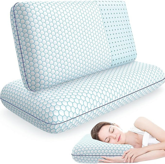 Memory Foam Pillows for Side, Back and Stomach Sleepers, Set of 2, Bed Pillow with Washable Cover and Breathable Mesh, Bed Pillow for Sleeping (Blue,Queen Size)
