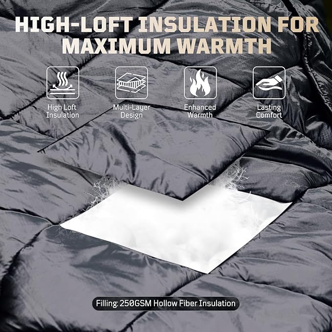 Camping Blanket - Packable, Ultra Warm and Lightweight with Snap Button Backpacking Quilt Water-Resistant, for Sleeping, Outdoors, Travel, and Indoor Use - Large/Gray