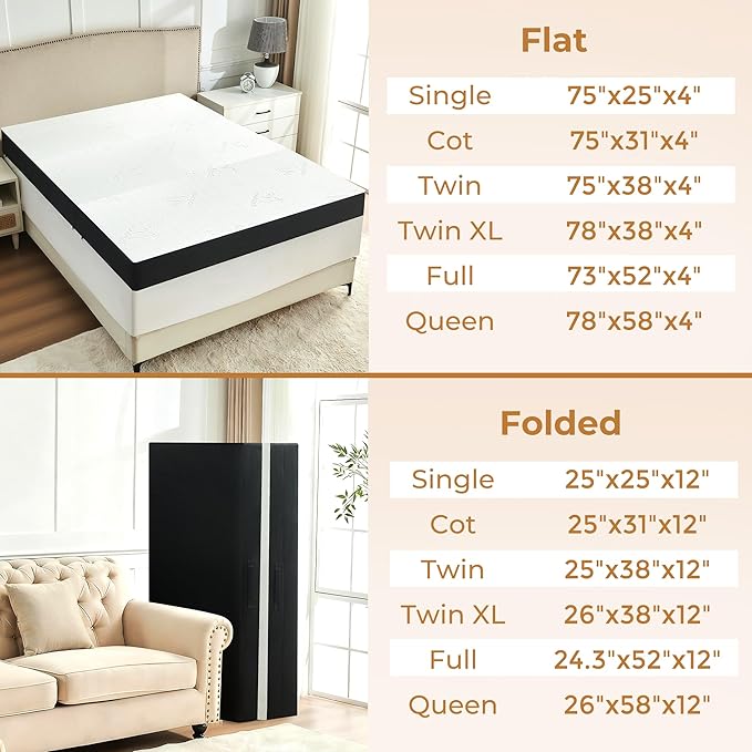 4 Inch Trifold Mattress, Full Size Foldable Memory Foam Mattress with Viscose Derived from Bamboo Washable Cover, Folding Mattress Topper Floor Bed for Camping, Guest, RV, Ventilated