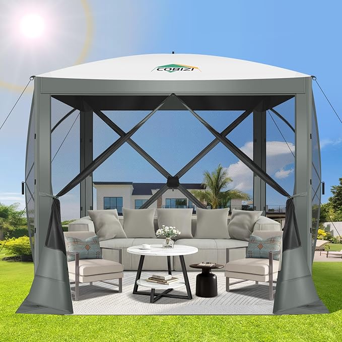 COBIZI 6x6FT Pop Up Gazebo Screen Tent Screen House for Camping, Screen Room with Mosquito Netting, Hub Tent Instant Screened Canopy with Carrying Bag and Ground Stakes, Gray