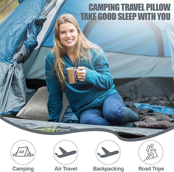 2 Pack Camping Pillow for Sleeping Shredded Memory Foam Travel Pillow with Storage Bag, Compressible Portable Pillow for Outdoor Camp Backpacking Hiking Essential Gear (Grey,Small)