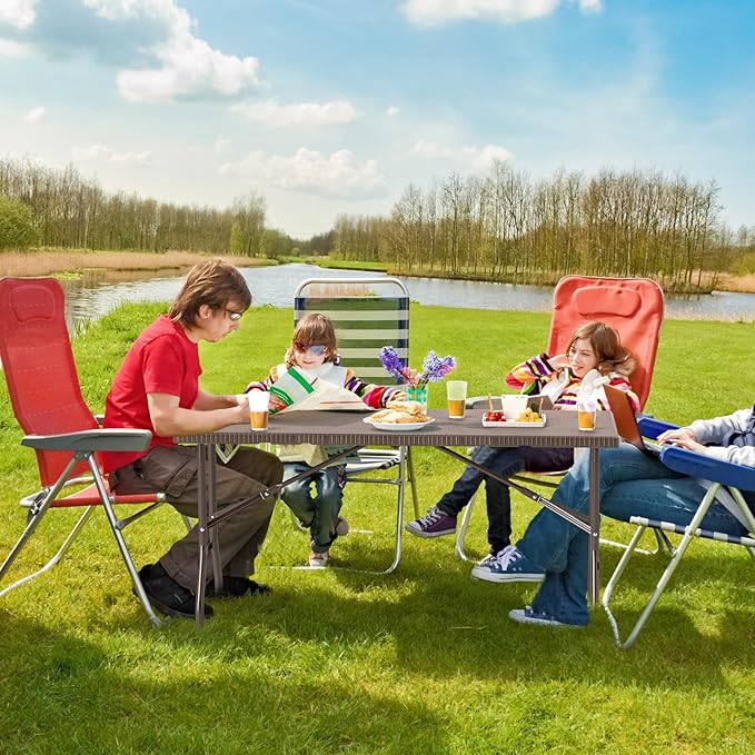 Tangkula 5FT Folding Table, Indoor Outdoor Foldable Plastic Table with Rattan Textured HDPE Tabletop, Sturdy Metal Fame, Carrying Handle, 4-6 Person Picnic Table for Camping BBQ Party