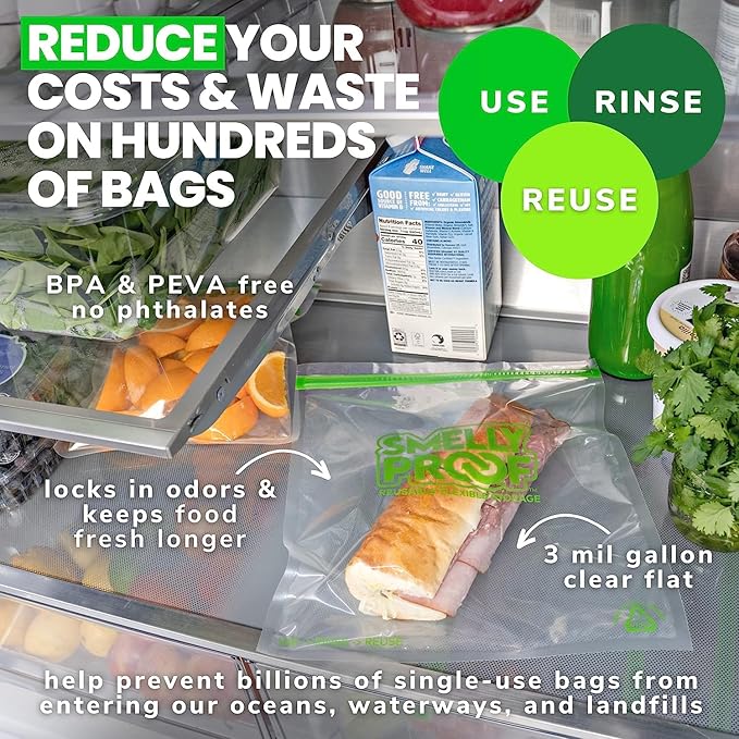 Smelly Proof Reusable Food Storage Bags, Reusable Freezer Bags, MADE IN USA, Dishwasher-Safe, BPA FREE, NO PEVA, XL 3-mil, Extra Large Clear FLAT 10.5" x 12" GALLON, 15-Pack