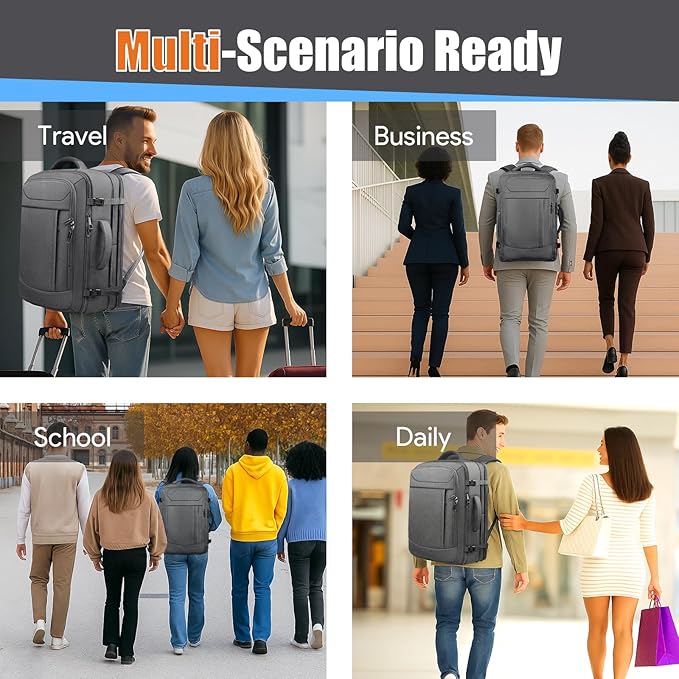 Extra Large Travel Backpack 40L-50L Expandable, Waterproof Wet Pocket Carry On Daypack, Anti-Theft TSA 18 Inch Laptop Bag for Men Women Flight Approved Weekender Duffel, Grey