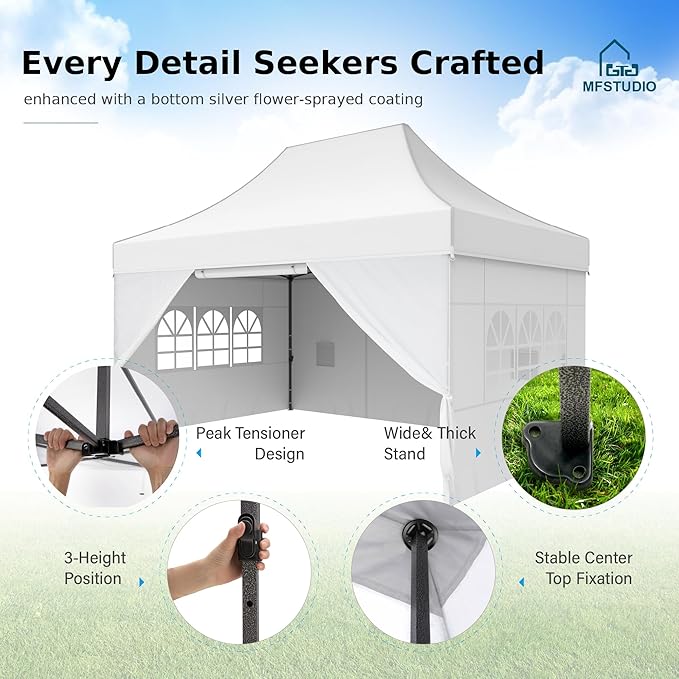 MFSTUDIO 10x15 Pop Up Canopy Tent, Outdoor Commercial Heavy Duty Party Tent with 4 Sidewalls, Easy Set-up Waterproof Canopy Tent for Party Event Wedding, Thickened Legs with 3 Heigh Adjustable, White