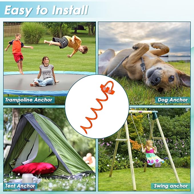 FEED GARDEN 12.2 Inch Spiral Ground Anchors Heavy Duty Screw in Spiral Stakes, 4 Pack Folding Ring Ground Stakes for Securing Dogs,Tents, Trampolines, Canopies, Swing Sets,Orange