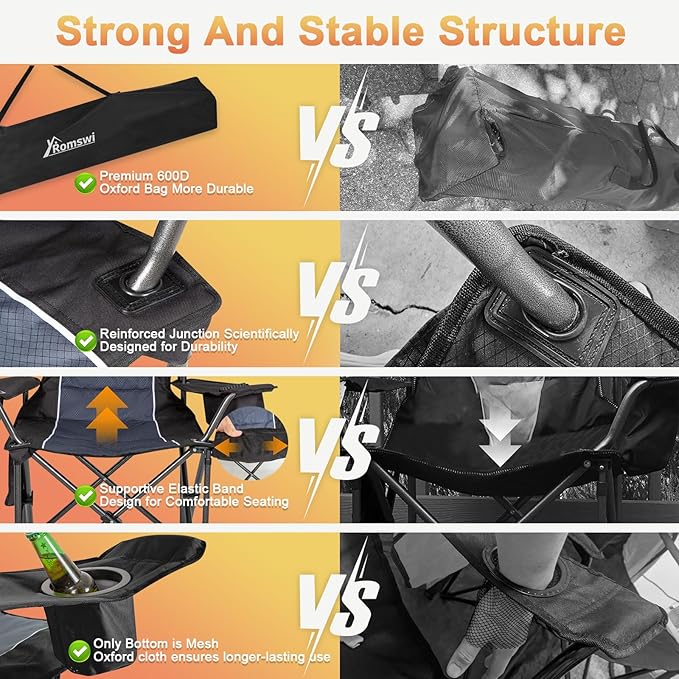 Romswi Oversized Camping Chairs,Heavy Duty Support 500 LBS,Padded Back & Arm Sport Chairs, Cup Holder Cooler Bag, Collapsible Folding Chairs for Outdoor, Fishing & Garden, Black,2-Pack