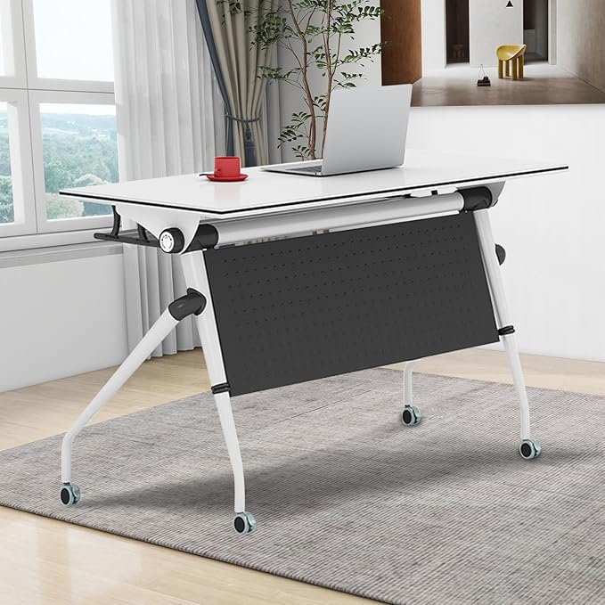 55.1 INCH Flip-Top Folding Meeting Table – Compact Mobile Seminar Desk with Lockable Casters, Durable Steel Frame for Office & Classroom Use