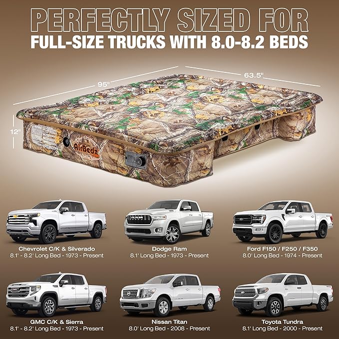 AirBedz by Pittman Outdoors Truck Bed Air Mattress - Full-Size, Long Bed, 8' Long, Built-In Rechargeable Battery Air Pump, Realtree Camo, Carry Bag, Patch Kit, 95"L x 63.5"W x 12"H