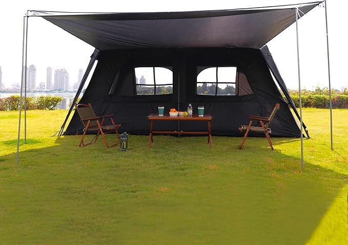 KTT Extra Large Tent 12 Person(A),Awning Family Cabin Tents,2 Rooms,4 Doors and 4 Windows with Mesh,Straight Wall,Waterproof,Double Layer,Big Tent for Outdoor,Picnic,Camping,Family Gathering。