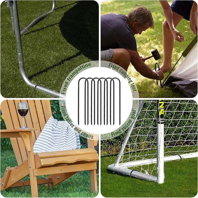 Rebar Stakes 12 Inch Heavy Duty Ground Anchors (Pack of 6 Black), U Shaped Ground Stakes Galvanized Steel, Trampoline Tie Down Anchor, Heavy Duty Stakes for High Wind