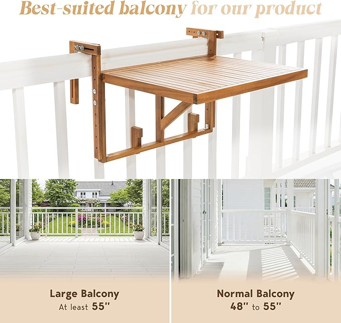 Idzo FSC Acacia Wood Folding Balcony Bar Table for Railings, Adjustable Height & Width, Teak Brush Finish Durable Against Weather, Ideal Spacious Dimension of 27 9/16 x 21 5/8 Inch, Rectangular Design