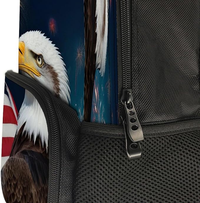 Daypack Bookbag Anti-Theft Multipurpose Large Capacity Bookbag, Bald Eagle American Flag Fireworks Travel Hiking Camping Rucksack With Adjustable Shoulder Straps