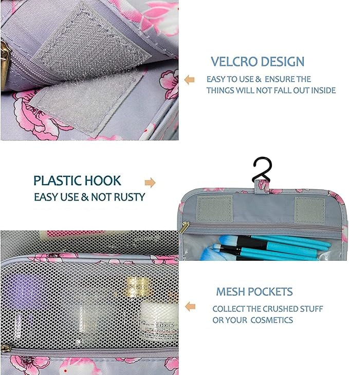 Trawila Travel Hanging Toiletry Bag Cosmetic Bag Makeup Organizers for Men & Women with Sturdy Hook (Grey flower)