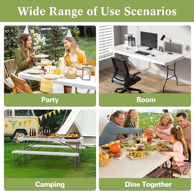 MEI&CO 6ft Heavy Duty Outdoor Folding Table for 6 - Sturdy HDPE Top, 350lbs Capacity, Foldable Lockable Design, No Assembly - Camping Parties Picnics (White)