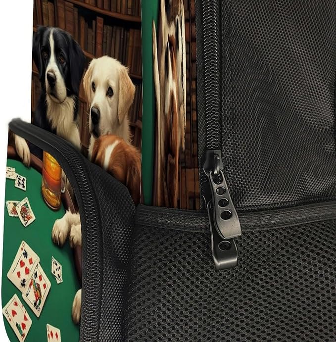 Daypack Polyester Anti-Theft Multipurpose Dogs Playing Poker Cards Library Funny Dog Bookbag Big Capacity Gym Outdoor Hiking Backpack With Adjustable Shoulder Straps