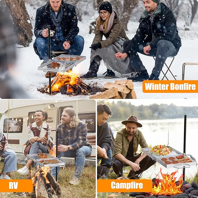 Skyflame Folding Campfire Grill Grate, Stainless Steel Swivel Camping Grill Grate and Griddle with Carrying Bag, Portable Outdoor Cooking Equipment for Open Flame Fire Pit, Backpacking, Camping