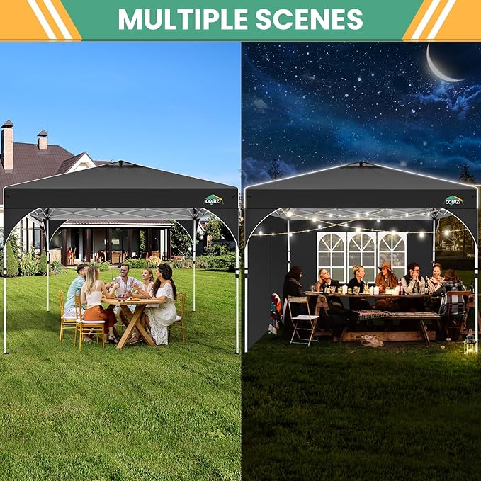 COBIZI 10x10 Pop up Canopy, Canopy Tent 10x10 with 3 Sidewalls, 1 Person Easy Set up,Tents for Parties, Outdoor Tent with Fluorescent Strip & 4 Sandbags, Waterproof, 3 Adjustable Height(Black)