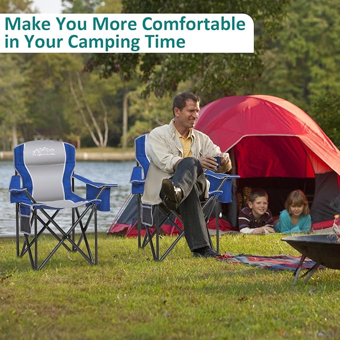 Camping Chair with Cooler Bag, Cup Holder, Storage Pocket, Heavy Duty 450lbs Capacity with Large Anti-Sink Feet, Portable Folding Padded Chair for Outdoor, Beach, Fishing, Sports, Blue
