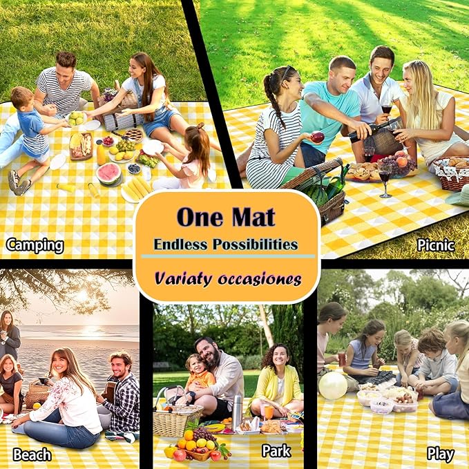 Picnic Outdoor Blankets, Extra Large 79x79in Beach Blanket, Thick 3-Layers Camping Waterproof Mat for Camp Hiking Park, Portable Foldable Rug for Family-Yellow, Sandproof & Machine Washable