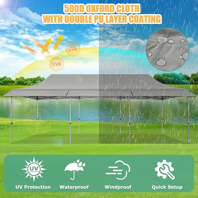 COBIZI 10x30 Pop Up Canopy Tent with Awning,Heavy Duty Canopy UPF 50+ All Season Wind Waterproof Commercial Outdoor Street Vendors Party Tents for Parties Canopy with Roller Bag(10 x 30 ft Gray)