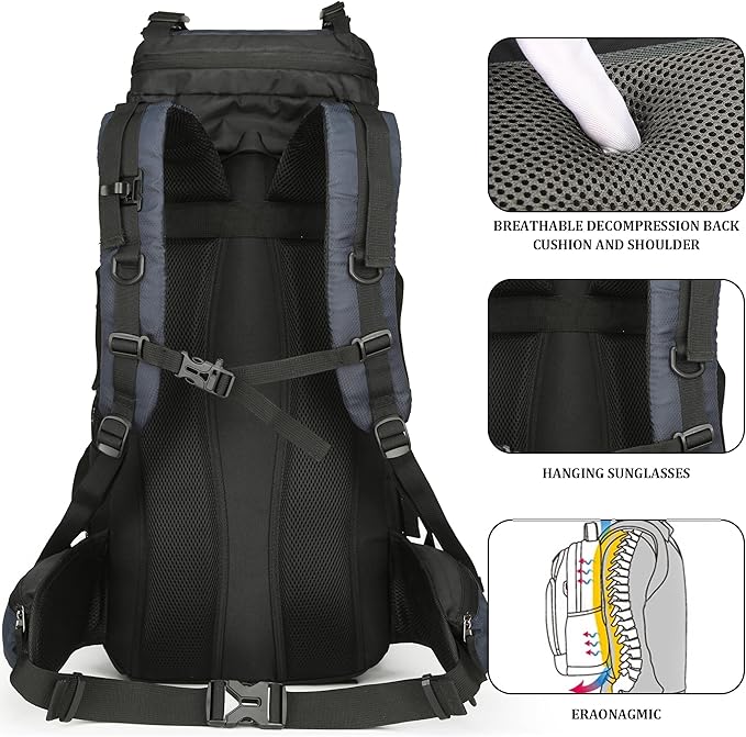 75L Hiking Backpack with Rain Cover Waterproof Camping Backpack Shoes Warehouse for Men Women, Frameless