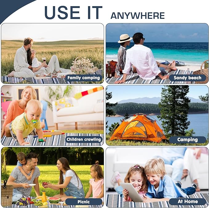 Oversized Waterproof Picnic Mat, Dustproof Washable Outdoor Beach Mat. Suitable for Camping, Outdoor, Beach, Party and Concert. (Dark Blue & Light Green, 80" * 60")