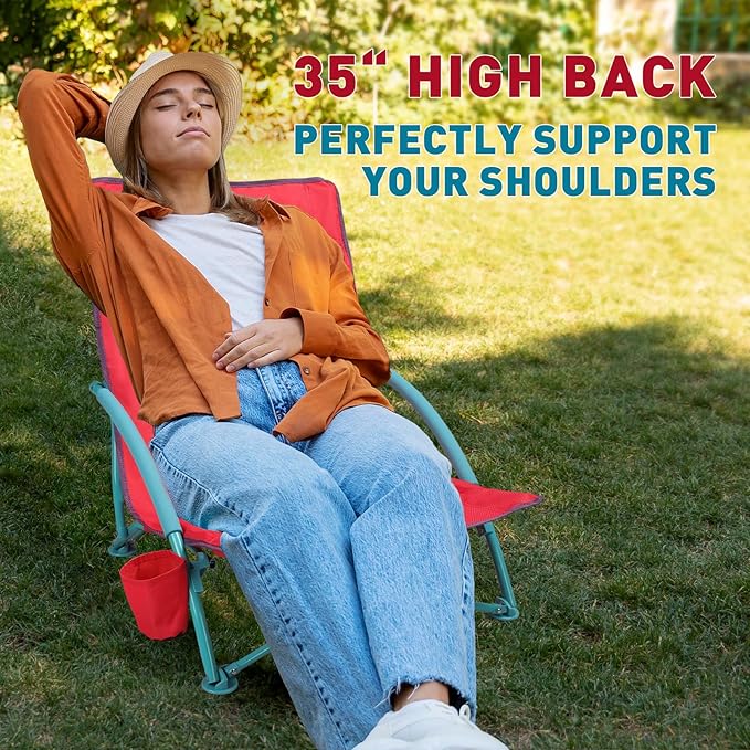 Northroad 2 Pack Low Folding Beach Chair,Portable Lightweight Lowback Sling Chair, Outdoor Low Seat Camping Chair w/Cup Holder & Carry Bag for Sand Camping Lawn Picnic Festival,Pink