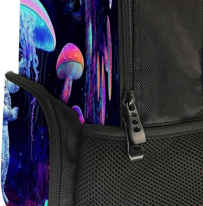 Men Women Polyester Underwater Neon Jellyfish Astronauts Mushroom Art Daypack Backpack Large Capacity Carry On Bag With Smooth Zippers for Hiking Picnic Walking Cycling