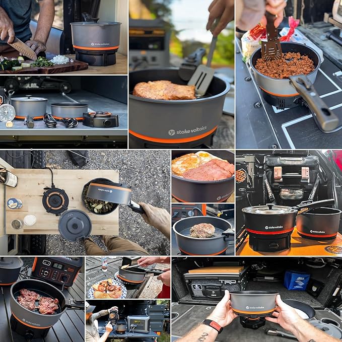 Nomad Cooking System, Electric Camping Stove 200-1000W with Pan & Pot, 120V Portable Outdoor Cooking Gear Set, Windproof Cookware for RV, EV, Overland, Vanlife, Car Camping