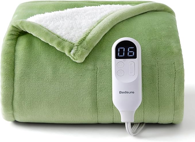 Bedsure Heated Blanket Throw Blanket - Fast Heating Electric Blanket, Soft Flannel Heated Throw with 4 Time Settings, 6 Heating Settings, Warm Gifts for Women Men (50x60 inches, Sage Green)