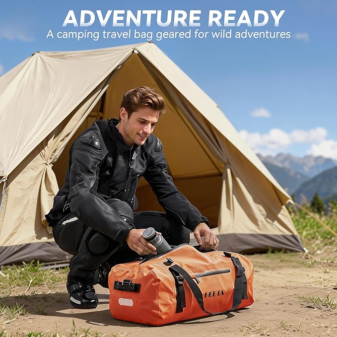 HEETA Waterproof Motorcycle Dry Bag, Waterproof Duffel Luggage Travel Bags with Zippered Closure & Pocket, Shoulder Straps, Large Space for Motorcycling Camping Commuting Boating (Orange, 70L)