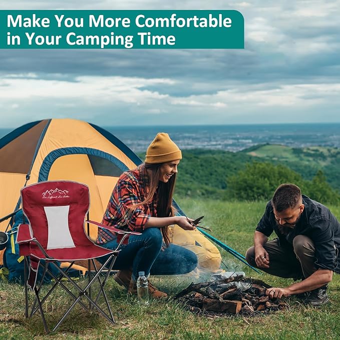 Outdoor Folding Camping Chair with Cup Holder, Storage Bag, Large Anti-Sink Feet, 325lbs Capacity, Breathable Mesh Portable Chair for Camping, Beach, Fishing, Sports, Red 2Pack