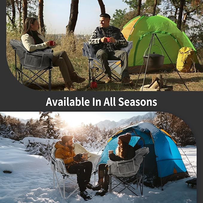 2 Pack Oversized Heated Camping Chair, 3 Heating Levels Soft Padded Camp Chairs with Pillow and Storage Bag, Portable Folding Outdoor Heated Moon Chair for Lawn Patio Beach and Picnics, Grey