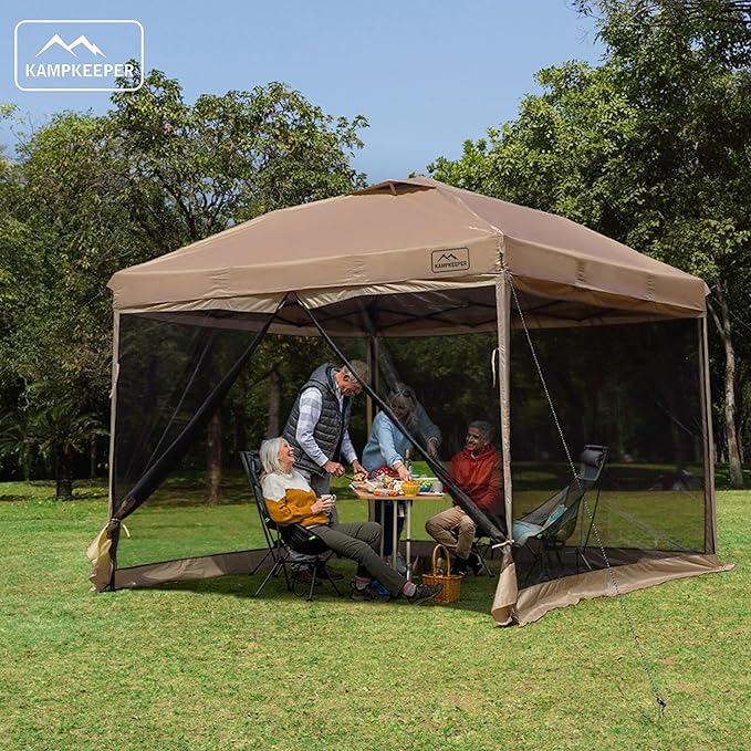 KAMPKEEPER 10x10 Pop-Up Canopy Tent, Waterproof Portable Shade with Screen Walls, Adjustable Instant Outdoor Shelter for Camping, Backyard, and Events, Khaki