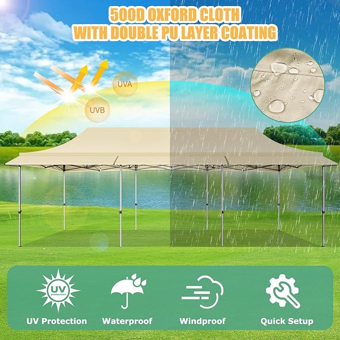 COBIZI 10x30 Pop Up Canopy Tent with Awning,Heavy Duty Canopy UPF 50+ All Season Wind Waterproof Commercial Outdoor Street Vendors Party Tents for Parties Canopy with Roller Bag(10 x 30 ft Khaki)