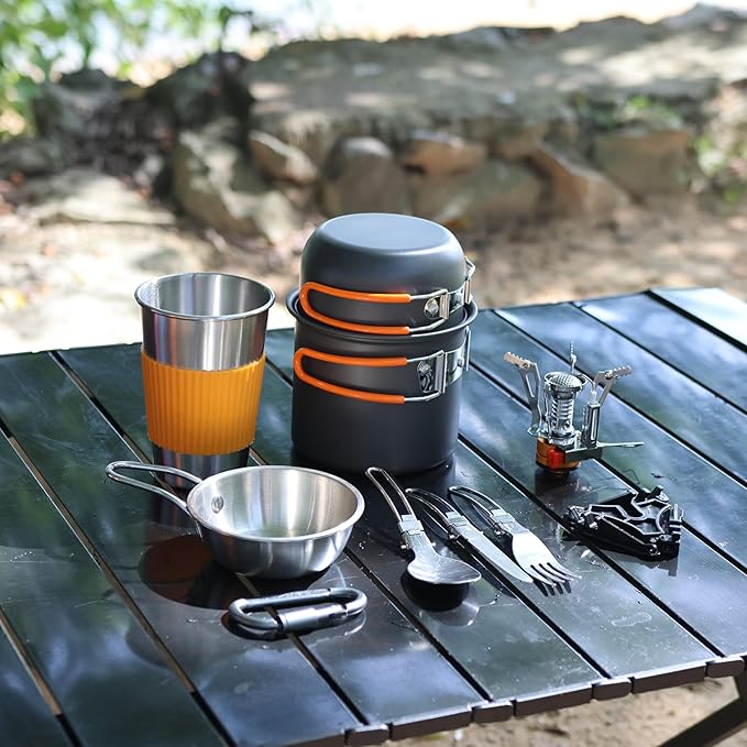 Camping Cookware Mess Kit, Non-Stick Lightweight Camping Pots and Pans with Kettle, Stainless Steel Cups Plates Forks Knives Spoons for Backpacking, Hiking, Outdoor Cooking