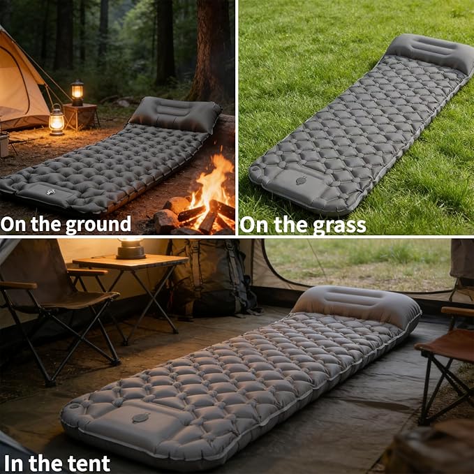 DANCHEL OUTDOOR Ultralight Inflatable Sleeping Pad for Camping - Built-in Foot Pump & Pillow, Compact Air Mattress for Backpacking, Hiking, Travel, Gray
