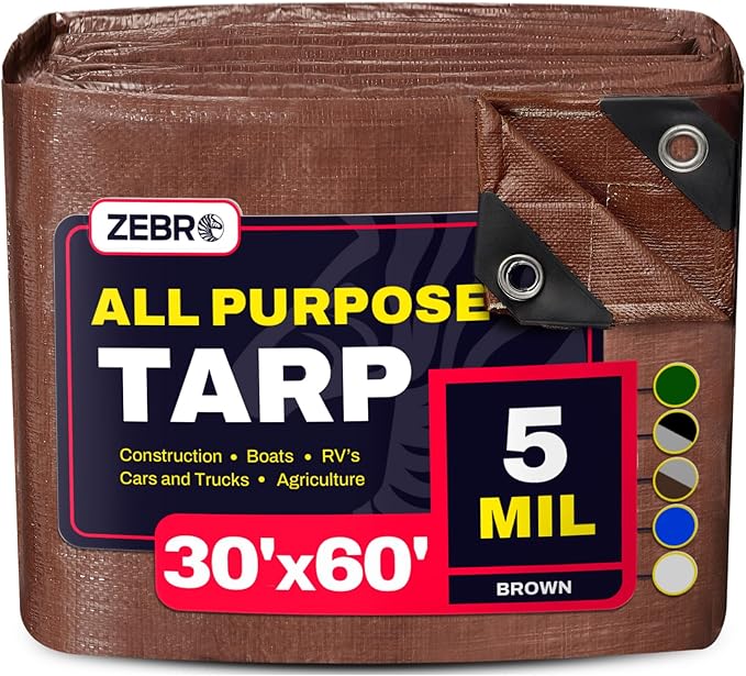 30' x 60' Brown Tarp with Grommets Reinforced - 5 Mil Thick - Durable UV Resistant Plastic Tarps Waterproof - Large Tarpaulin Cover for Outdoor Camping Over/Under Tent Tarp RV Roof Rain - Zebro