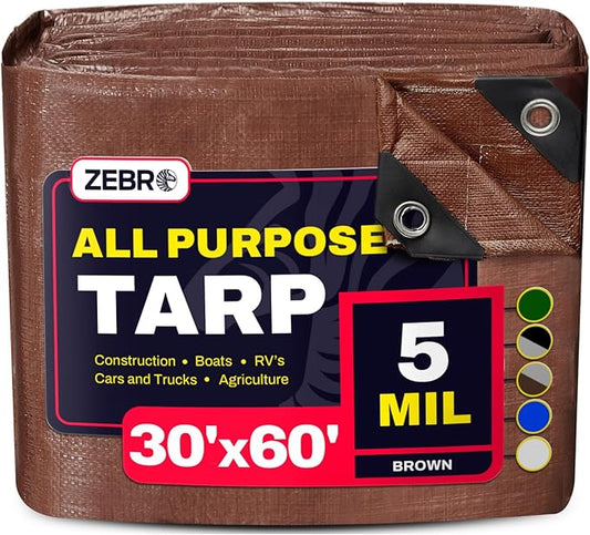 30' x 60' Brown Tarp with Grommets Reinforced - 5 Mil Thick - Durable UV Resistant Plastic Tarps Waterproof - Large Tarpaulin Cover for Outdoor Camping Over/Under Tent Tarp RV Roof Rain - Zebro