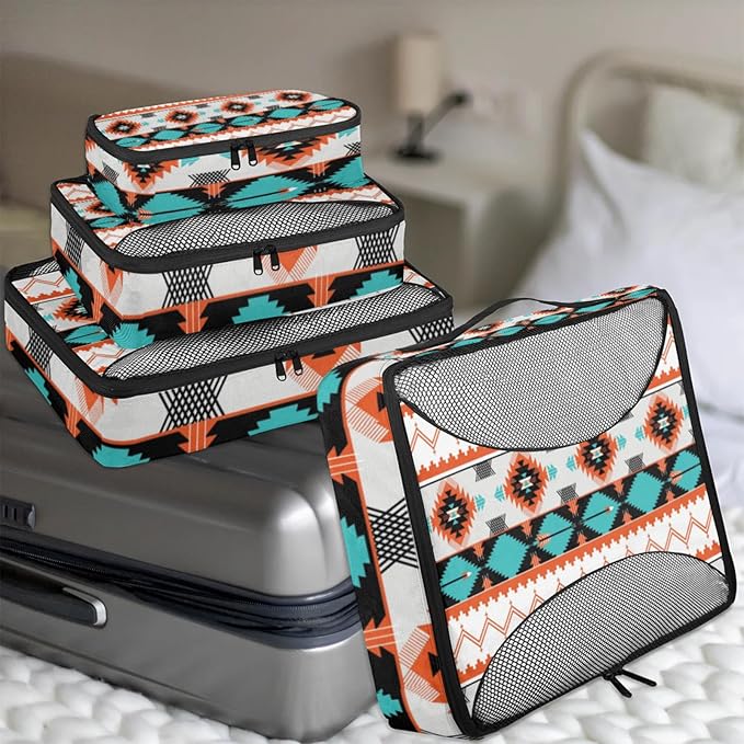 Aztec Western Compression Packing Cubes for Travel,Expandable Cubes Storage Bag Carry on Luggage Organizers for Toiletry Clothes Shoe Accessories 4 Set