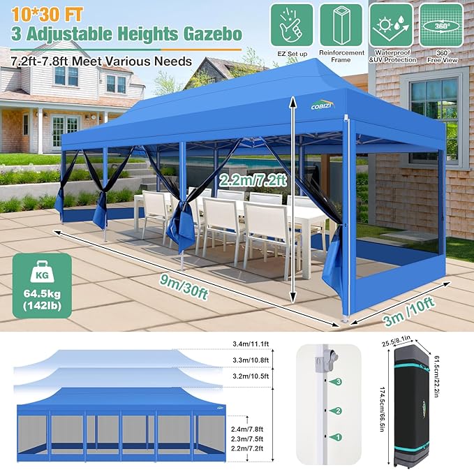 COBIZI 10x30 Canopy Tent, Heavy Duty Pop up Canopy with Sidewalls, Waterproof Easy Setup Canopy with Mosquito Netting, Outdoor Instant Screen Tents for Parties, Wedding with Roller Bag, Blue