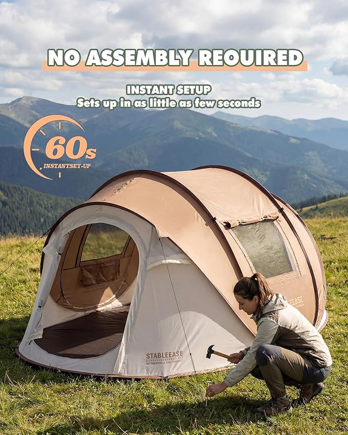 4 Person Instant Pop Up Tent, Automatic Waterproof Windproof Camping Tent with 2 Doors for Outdoor Hiking, Beach & Travel, Portable Family Tent with Carry Bag for Easy Setup